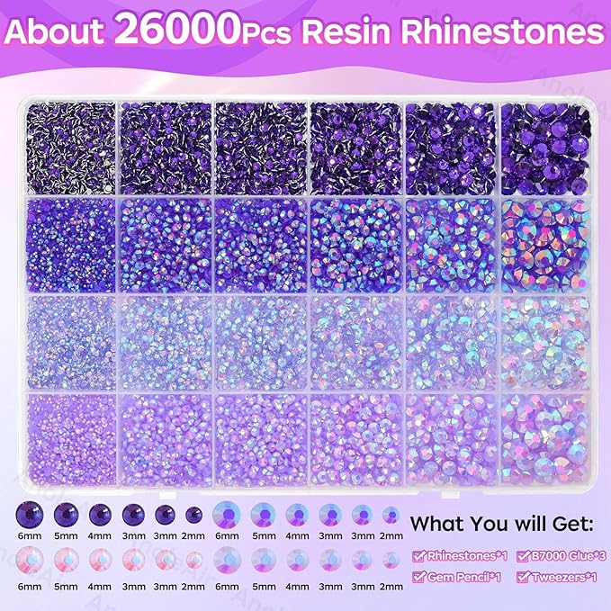 26000PCS Purple Resin Flatback Rhinestones for Crafting, Resin Rhinestones for Bedazzling Kit, 2/3/4/5/6mm Flatback Gems Jewels for DIY Mugs Tumblers Clothing Shoes Nail Art