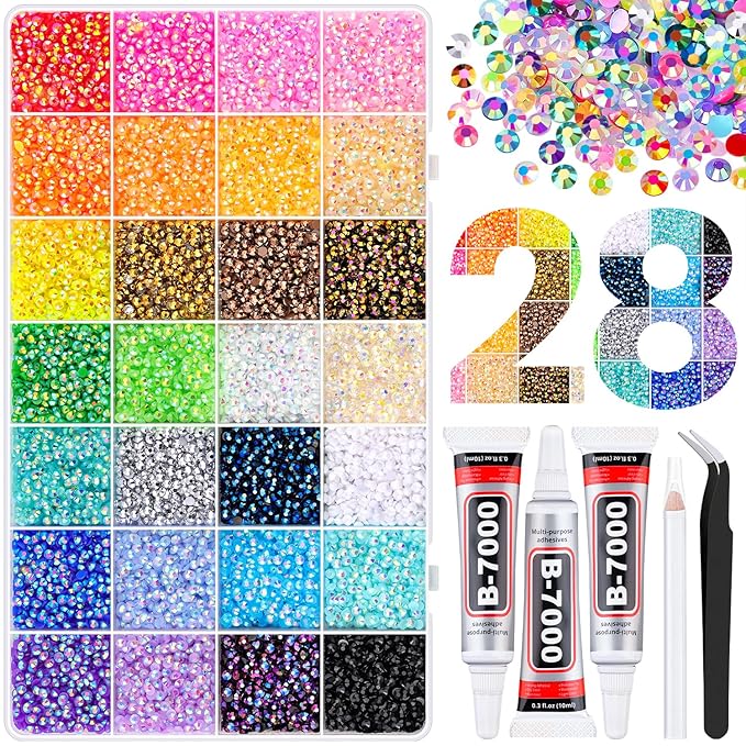 34000Pcs Resin Rhinestones with 3Pcs B7000 Jewelry Glue for Crafting, Multicolors 3mm Non Hotfix Flatback Gems, Bedazzling Crystal for DIY Crafts Clothing Tumblers Mugs Shoes Fabric Decor Nail Art