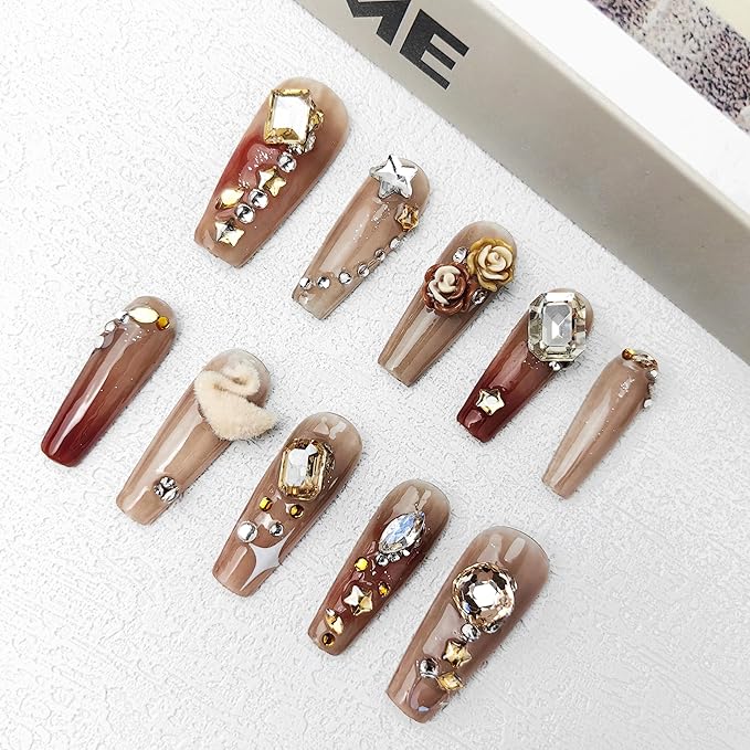 2025 Handmade Manicure Reusable PMMA Acrylic Medium Press-on Nails Brown Fake Nails with Swan Rose Rhinestone Embellishments Gifts for Women (Chocolate, Medium)