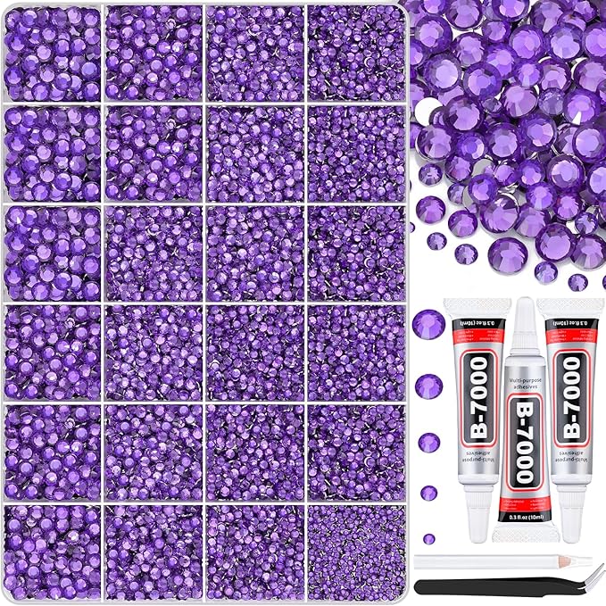 30000Pcs Dark Purple Rhinestones for Bedazzling with B7000 Jewelry Glue, Bedazzler Kit Bulk Flatback Gems, Resin Rhinestones for Crafting Crafts Clothing Shoes Nail Art Assorted Size 2/3/4/5/6mm
