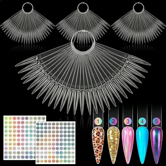 200 Pcs Nail Swatch Sticks Stiletto – Polish Color Swatches with 4 Metal Rings & Numbering Stickers – True Color Visibility, Easy Layer Control | Works with Art Decals and Nail Art Striping Tape Lines