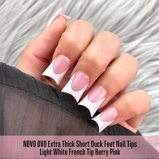 NOVO OVO Extra Thick Duck Nails Short with Moon Curve Light White French Tips BERRY PINK Full Cover for Press on Acrylic, Flare Wide French Soft Gel Fake False Nail Extension x 15 Sizes 240 pcs