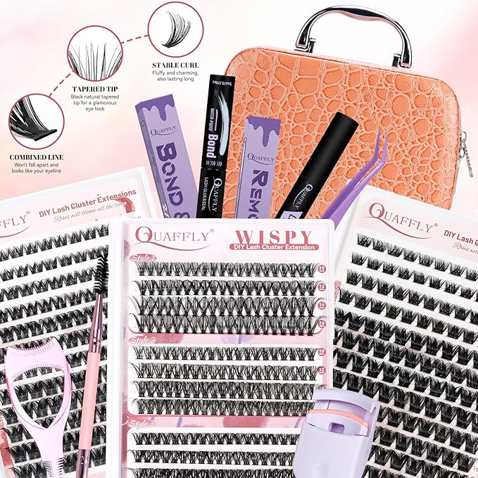 Lash Extension Kit, 516Pcs Individual Cluster Eyelash Extensions with Lash Bond&Seal Remover Tweezer Brush Lash Curler Lash Assistant Stylish Portable Makeup Bag DIY Lash Extensions at Home