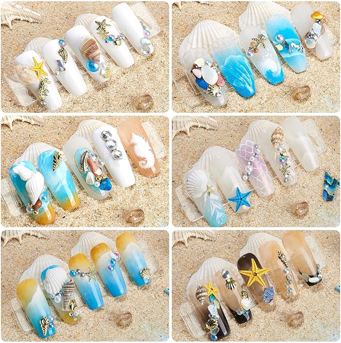 3 Boxes Summer Beach Nail Art Rhinestones, 3D Ocean Nail Charms Starfish Conch Sea Series Nail Art Designs Accessories Nail Art Rivets Manicure DIY Seashell Nail Decorations for Women Girls