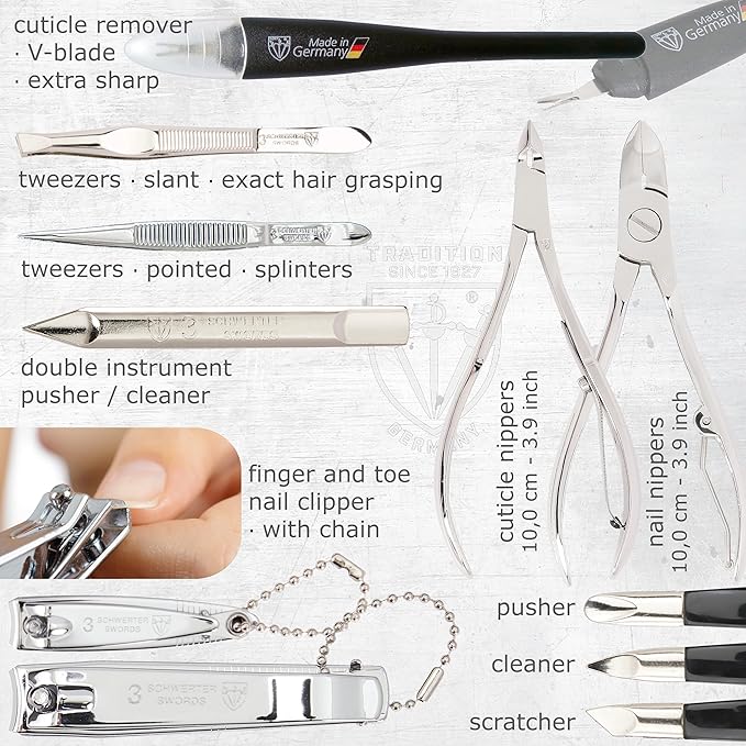 3 Swords Germany - brand quality 16 piece manicure pedicure grooming kit set for professional finger & toe nail care scissors clipper synthetic leather case, Made in Germany