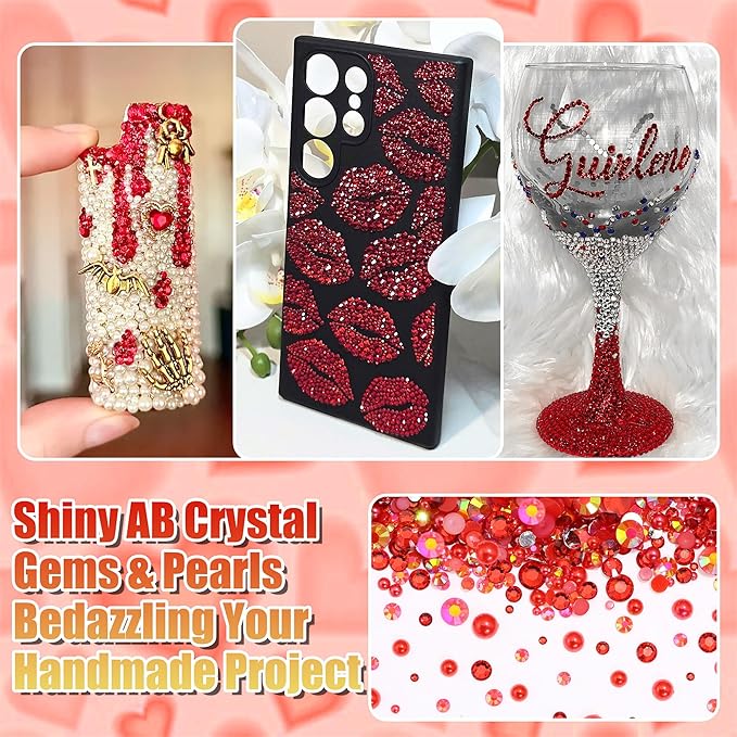 RODAKY Red Rhinestone Resin Flatback Gems AB Jelly Rhinestones for Bedazling Valentine's Day Crafting 2Pcs 10ml B7000 Jewelry Glues Tweezers Dotting Pen Clothing Shoes Nail Art