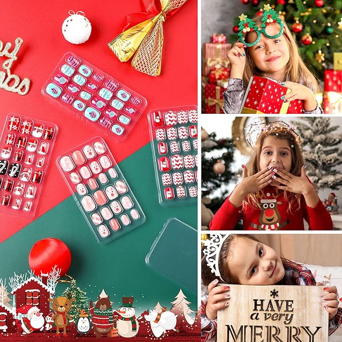 JANYUN Christmas Kids False Nails, 96 Pcs Stick On Nails Kids Full Cover Xmas Short False Nails Lovely Gift for Little Girls Nail Art Decoration (Christmas Theme)
