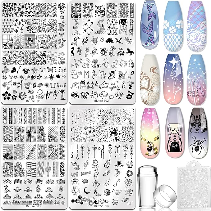 Biutee 4PCS Nail Stamping Plates Set, Includes Nail Art Stamper & Scraper - French Line Lace, Space, Animal, Flower, Leaf Designs - Large Nail Art Stencils Templates for DIY Manicure