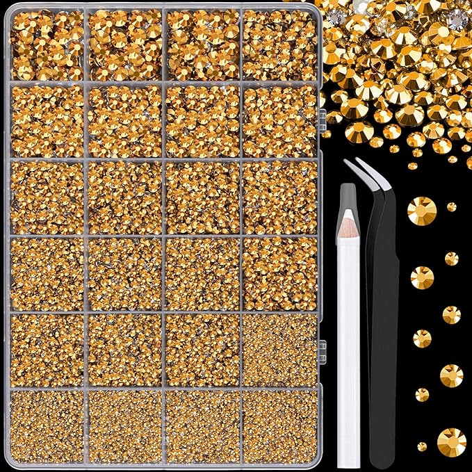 25000Pcs Resin Rhinestones for Crafting, Gold 2-6mm Mixed Sizes Non Hotfix Flatback Gems, Bedazzling Crystal for DIY Crafts Clothing Tumblers Mugs Shoes Fabric Nail Art
