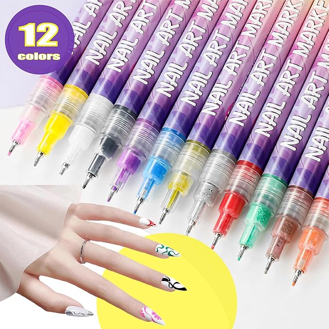 12 Colors Nail Art Pens Set 3D Nail Polish Pens Graffiti Dotting Pen Acrylic Paint Pens Point Liner Pen Drawing Painting for Nails Art Design Manicure Nail DIY Decoration (Laser-12pcs)