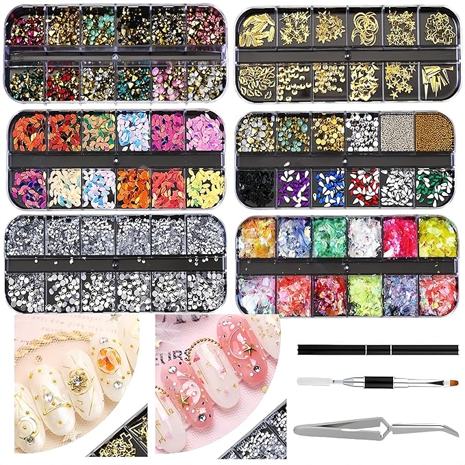 3D Nail Art Charms Kit with 6 Boxes Nail Gems Rhinestones,1 Nail Sculpting Clip,1 Dual-Ended 2-in-1 Brush&Picker Tool–DIY Manicure Set for Wedding,Party,Holiday,Home Salon&Professional Use (SET-A)