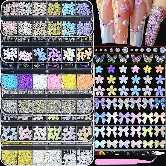 HNUIX Nail Charms - Nail Rhinestones Kit with 6 Boxes of Nail Gems, 3D Charms for Nails, Colorful Clear Flatback Gems, Pearls,Butterfly, Bow, Flowers, Caviar Beads, Multi Shape Crystals for Craft