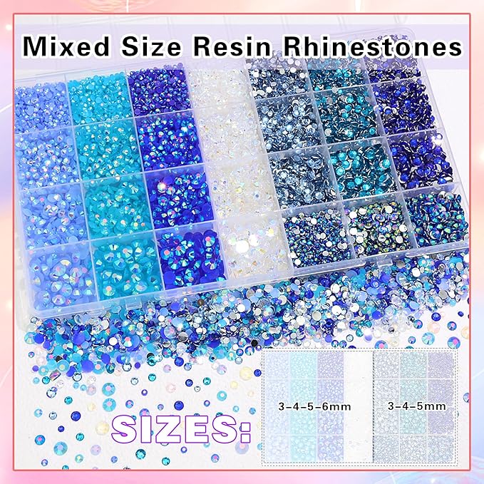 RODAKY Blue Rhinestones for Crafting Bedazzling,3-6MM Resin Rhinestones for Nails Art,Blue Nail Rhinestone and Gems,Nail Diamond Flatback Gems Crystals Charms for Nail Design DIY Makeup Decor