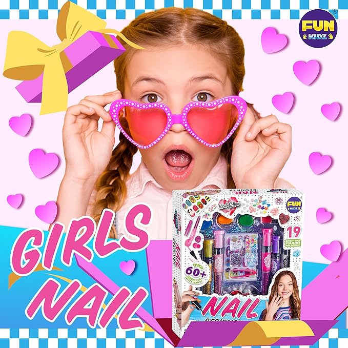 Nail Polish Pens Kit for Girls Ages 7-12, FunKidz Nail Pen Combo Kit Teen Gift Peelable Nail Art Studio Set with Cool Girly Decoration Stuff Pearl Beads, Glitter, Nail Stickers, Nail File, Gems