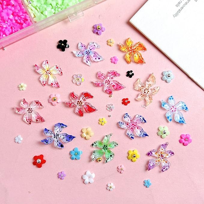 3D Flowers Nail Charms Kit, Colorful Hawaii Flower Nail Charms and Gems Cute Hibiscus Floral Charms for Nail, Spring Flowers for Nails Design with Caviar Beads for Nails Art Charms DIY Crafts