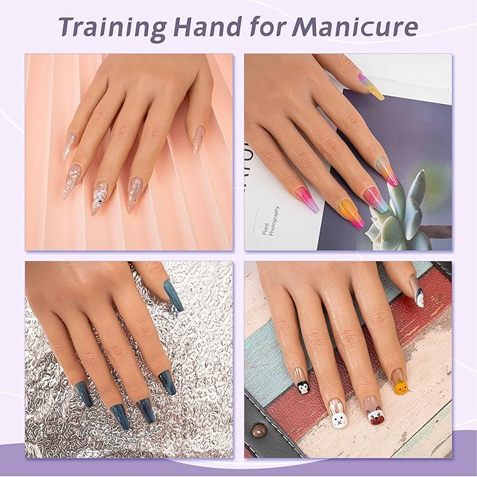 Practice Hand for Acrylic Nails,Realistic Silicone Mannequin Hand with Flexible Fingers for Acrylic Nails, Gel Polish Training, Complete Nail Art Beginner Set with Brush & File