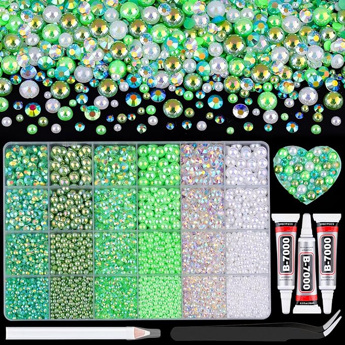14000Pcs Flatback Pearls and Rhinestones for Crafting, Green White Mixed Size 3-8mm Resin Rhinestones and Half Pearls for Bedazzling, Nail Art and Decoration with 3pcs B7000 Jewelry Glue