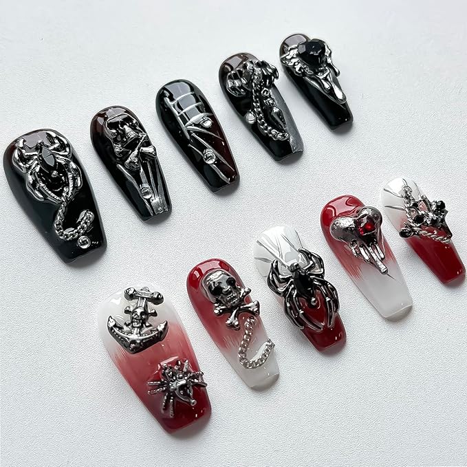Luxury Halloween Press on Nails Medium Coffin Handmade 3D Unique Reusable ABS Material Fake Nails Gothic False Nails with Designs Spider Skull Charms Glossy Glue on Nail Thick Acrylic Nail(M)
