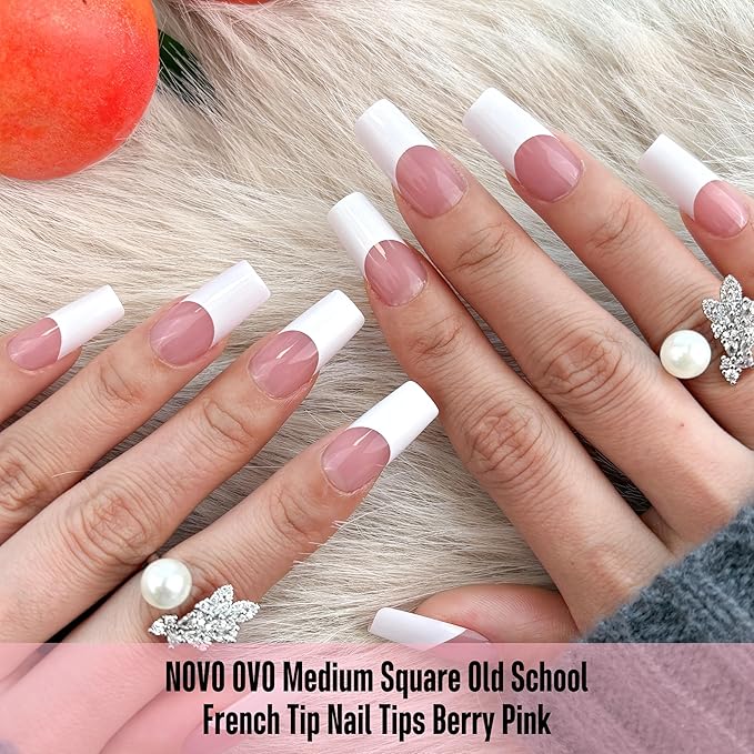 NOVO OVO Old School Wide White French Tip Nail Tips Press on, Medium Length Tapered Square BERRY PINK, Extra Thick Soft Gel Fake Acrylic Extension, Need Builder Gel, Top Coat, Glue 15 Sizes 240 pcs