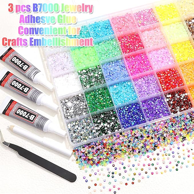 RODAKY Jelly Rhinestone for Bedazzling 40 Color Resin Rhinestones 3mm Flatback Gems Crystal Rhinestone Kit with 3Pcs 10ml B7000 Glue Diamond Jewels for Crafting DIY Art