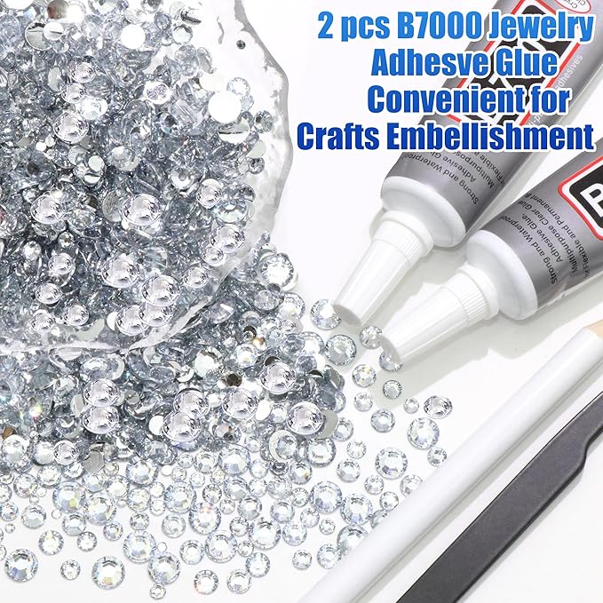 RODAKY Silver Clear Rhinestone Flatback Resin Gems for Crafts Bedazzling Crystal Diamonds 2Pcs 10ml B7000 Jewelry Glues Tweezers Dotting Pen for DIY Crafts Clothing Shoes Nail Art