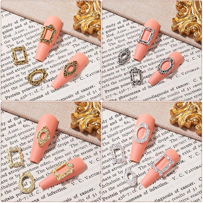 CHANZET 3D Metal Nail Charms 80pcs, Frame Gothic Nail Art Charms, Retro Gold Silver Nail Jewels Art Decoration for Women Girls Acrylic Nail DIY Craft Design Manicure Accessories