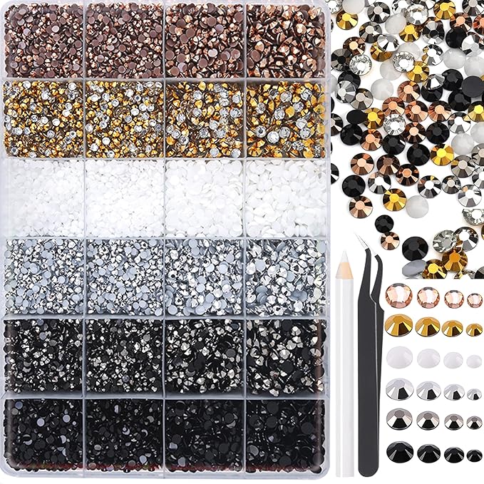 BELICEY Black White Resin Crystal Rhinestones Round Beads Flatback Bulk Gems Stones Multi Sizes Gold Rhinestones Nail Crystals for Nail DIY Crafts Clothes Shoes Jewelry