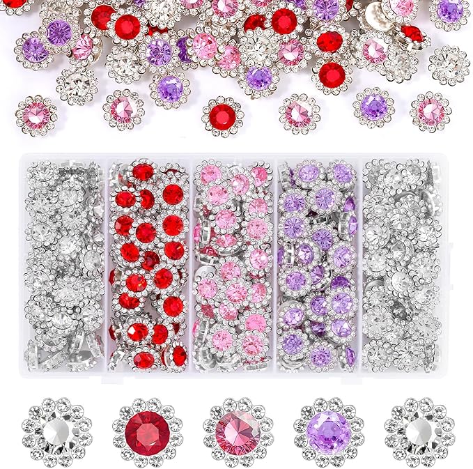 200 Pcs 12MM Sew on Rhinestones Mixed Colors Crystal Glass Metal Base Flower Shape, Flatback Rhinestones for Crafting, Sewing Accessories for Clothes and Shoes (Red)