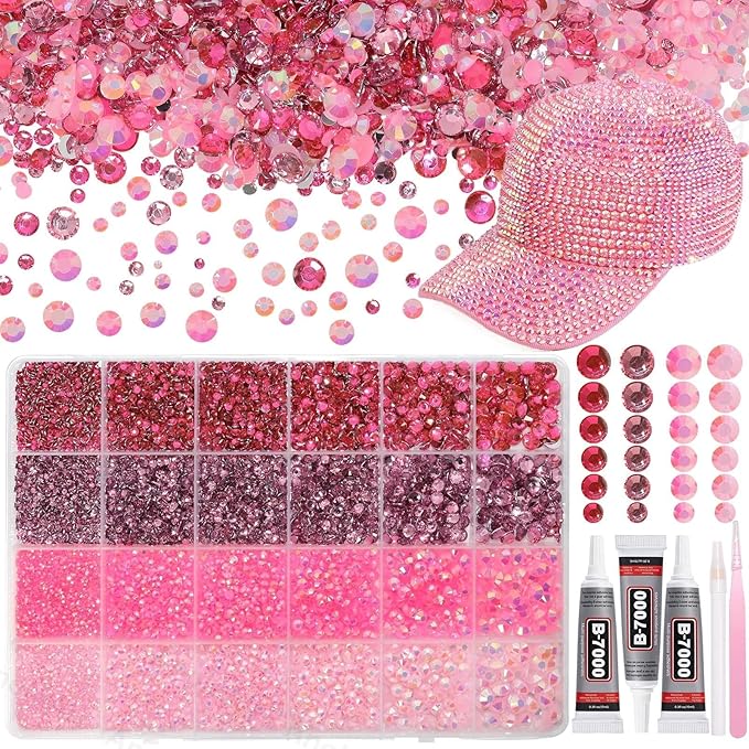 26000 PCS Pink Resin Flatback Rhinestones for Crafting, Resin Rhinestones for Bedazzling Kit, 2/3/4/5/6mm Flatback Gems Jewels for DIY Mugs Tumblers Clothing Shoes Nail Art