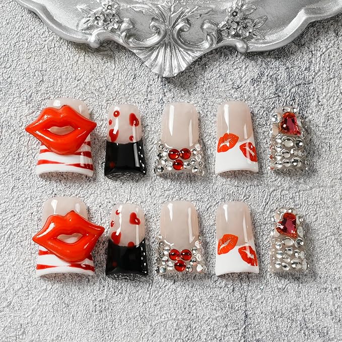 Press on Nails Handmade Short Duck, 3D Red Lips & Heart Fake Nails, Bling Rhinestone Nails, French Tip Art Designs Reusable Acrylic Artificial Stick On Nails (Red Lip Passionate Heart,M)