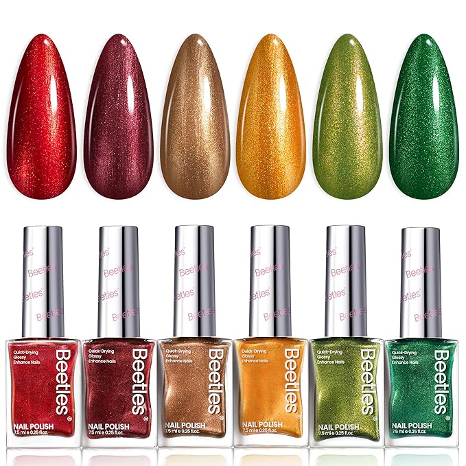 Beetles Valentines Nail Polish Set - Glamour Era 6 Colors Quick Dry Glitter Burgundy Red Gold Green Yellow High-Gloss Long-Lasting Nail Polish for Winter DIY At-Home Manicure Gift for Women