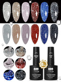 YTD Likomey Reflective Glitter Gel Nail Polish with Base Coat and Top Coat Set,Fall Winter Falsh 6 Colors Shimmer Black Silver Pink Blue Red Gold Diamond Sparkle UV Color Varnish Kit,8 Pcs 7.5 ml