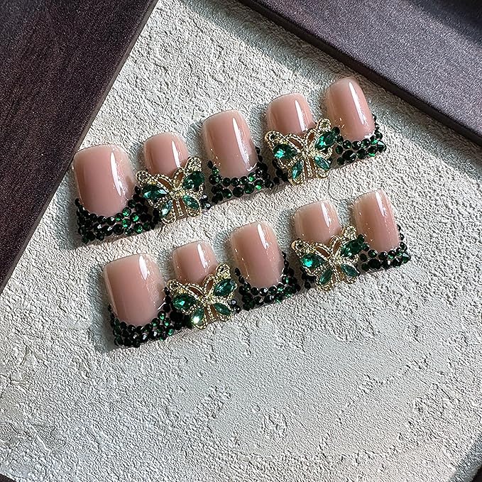 10Pcs Handmade Press on Nails Medium Duck Fake Nails French Tip Green False Nails Luxury Butterfly Rhinestone Full Cover Glue on Nail Sparkly Reusable Stick on Nail for Women (Size M)