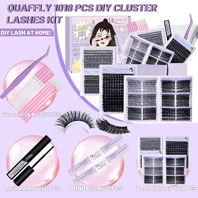 Lash Clusters Kit 1018 Pcs Eyelashes Clusters Extensions Kit 8-18mm Individual Lashes Volume False Eyelashes With Bond Seal*2 Remover Tweezers Brush*10 For DIY Lash Extensions