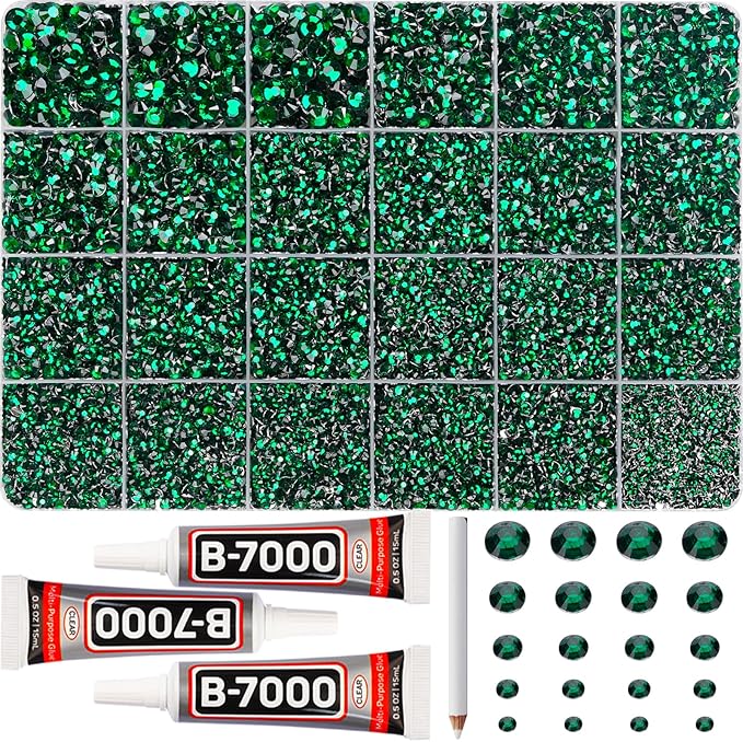 31000Pcs Green Resin Rhinestones for Bedazzling, 2-6mm Mixed Sizes Emerald Dark Green Bedazzle Flatback Gems Crystals Gemstones Stones Jewels for Crafts Crafting Clothes Nail Art with B7000 Glue