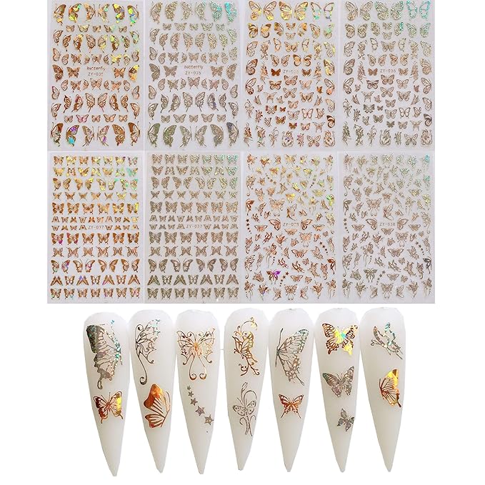 NAIL ANGEL 8Sheets Nail Art Adhesive Sticker Sheets Different Laser Gold and Silver Color Butterfly Shapes Nail Art Decoration 10238