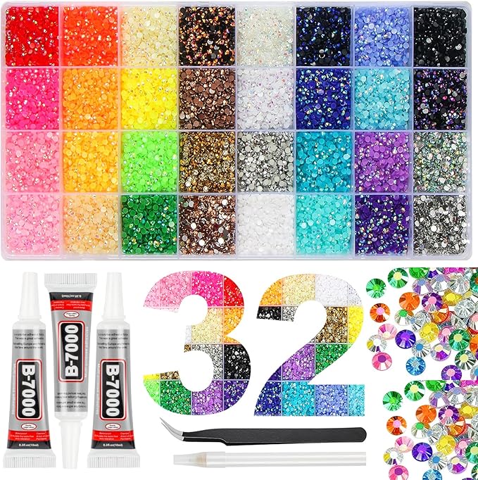 37000Pcs 32 Colors Resin Jelly Rhinestones for Bedazzling, 3mm Multicolor Flatback Gems for Crafting, Bedazzler Kit with 3Pcs 10ml B7000 Glue for Clothes Book Shoes Nails Art Makeup