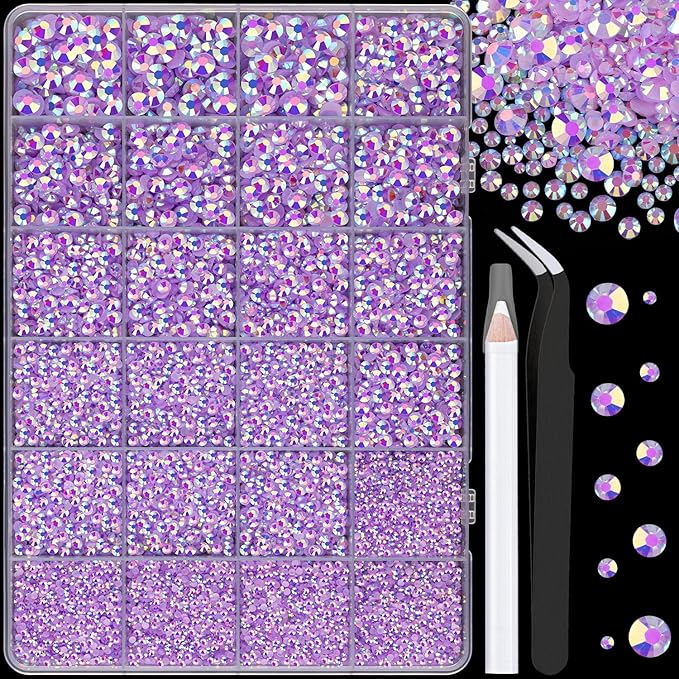 25000Pcs Resin Jelly Rhinestones for Crafting, Lavender Purple AB 2-6mm Mixed Sizes Non Hotfix Flatback Gems, Bedazzling Crystal for DIY Crafts Clothing Tumblers Mugs Shoes Fabric Nail Art
