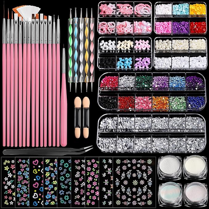 FANDAMEI Nail Art Brushes Set, Nail Art Kit, Nail Design Kit, Nail Dotting Tools, Nail Kit for Beginners, Chrome Nail Powder, Nail Stickers, Nail Rhinestones, Nail Charms Gems Nail Art Decoration Kit