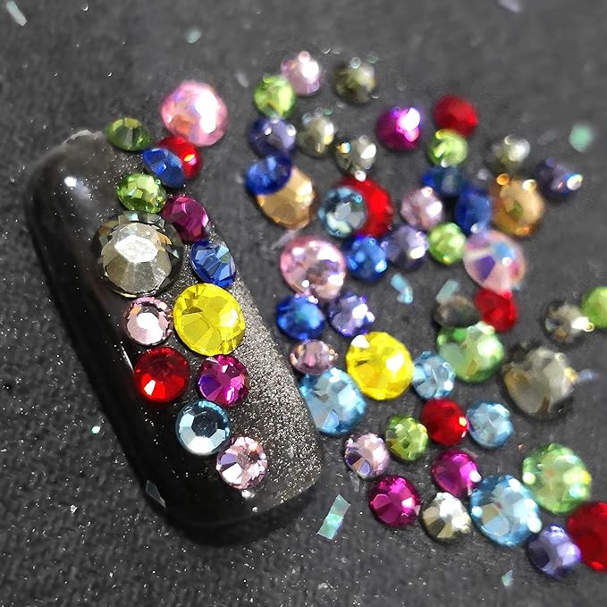 AD Beads 4300 Pieces Flat Back Nail Art Rhinestones Round Beads 6 Sizes (2-6.5mm) with Storage Organizer Box,Rhinestones Picking Pen for Nail Art Phone Decorations Crafts DIY (Mixed Color)