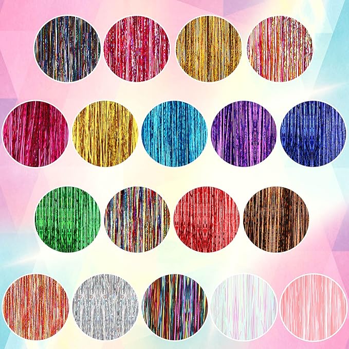 FEBSNOW 47Inches Hair Extension Tinsel with Tool 18 Colors 3600 Strands Hair Extension Tinsels Kit Glitter Hair Extensions for Women Girl Hair Accessories for Christmas New Year Wedding Birthday Party