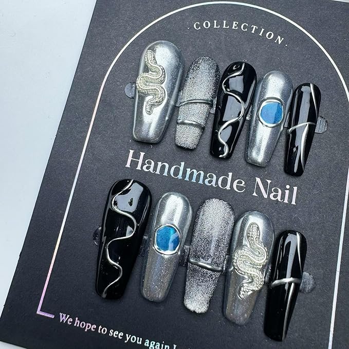 100% 5D Handmade Press on Nails with Snake Charms Medium Coffin Nails Press ons Balck Silver False Nails Cruve Line Press on Nails Fall Fake Nails for Women Girls Daily Wear DIY Manicure Size M