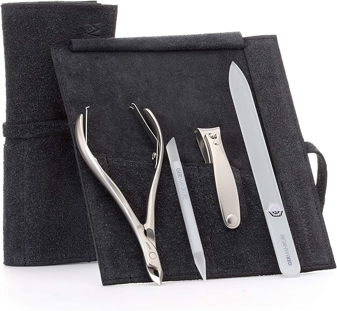 GERMANIKURE 4pc Manicure Set in Black Suede Case - FINOX Stainless Steel Tools Made in Germany, Glass Nail Care Supplies Made in Czech Republic – Professional Cuticle and Nail Care Kit