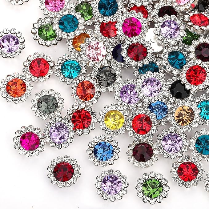 200 Pcs 12MM Sew on Rhinestones Mixed Colors Crystal Glass Metal Base Flower Shape，Flatback Rhinestones for Crafting，Sewing Accessories for Clothes and Shoes with Glue