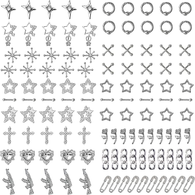 115 pcs Silver Punk Nail Art Kit - 15 Mixed Styles Edgy Charms Guns, Crosses, Hearts, Roses, Stars & Holographic Gems for Grunge, Rocker, Gothic Nail Designs