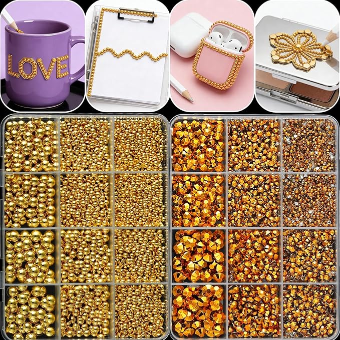Gold Nail Charms and Gems Set, 4 Boxes DIY Nail Decorations Kit, Gold 3D Cross Flowers Nail Art Charms, Champagne Rhinestones Gems Charms Y2K for Nails, Cool Punk Style Nail Charms