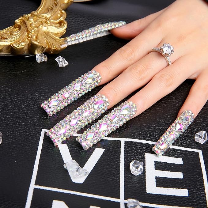 LOVFUL Press on Nails Eternal Stunning | Handmade with Full Covered Crystals | Reusable Fake Nails | Square | H46-M, pink