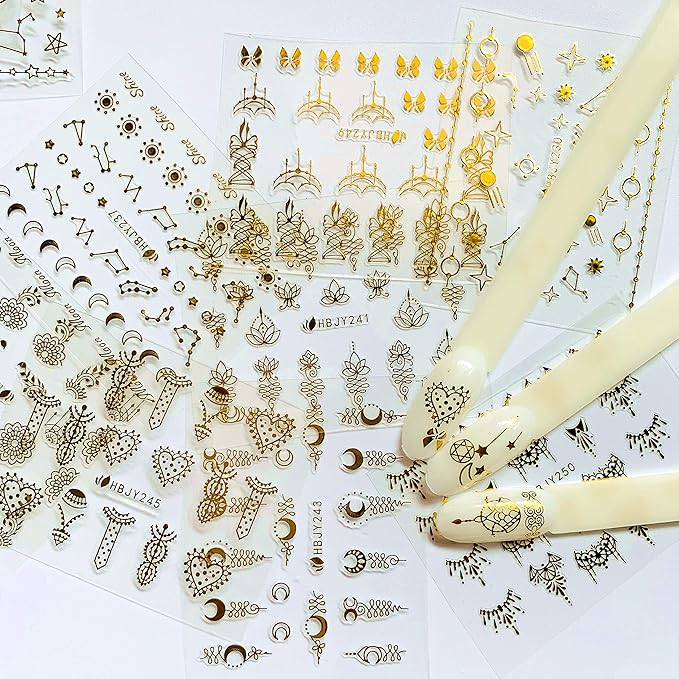 NAIL ANGEL 24 Sheets Nail Art Adhesive Gold Color Sticker Sheets Moon Star Universal Flower Shapes Sticker Sheets Nail Art Deco 10057