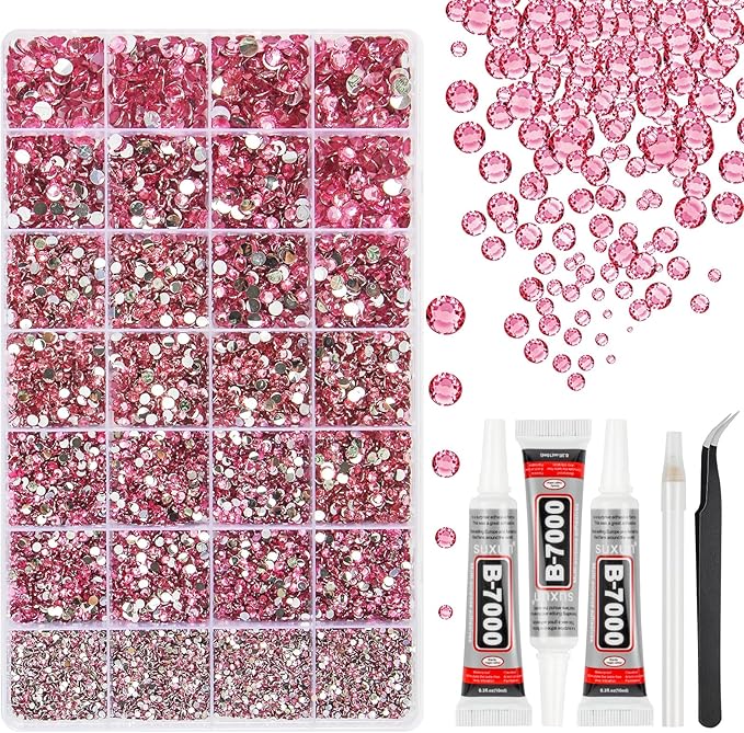 33000Pcs Dark Pink Resin Jelly Rhinestones for Bedazzling, 2-6mm Flatback Gems for Diamond Art, Bedazzler Kit with 3Pcs 10ml B7000 Jewelry Glue for Crafting Crafts Nail Art
