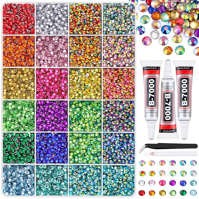 12600Pcs Resin Rhinestones with Tweezers for Crafting, Mixed-Color 4mm Bedazzling Crystal with 3Pcs 10ml B7000 Jewelry Glue for DIY Crafts Clothing Tumblers Shoes Fabric Nail Art